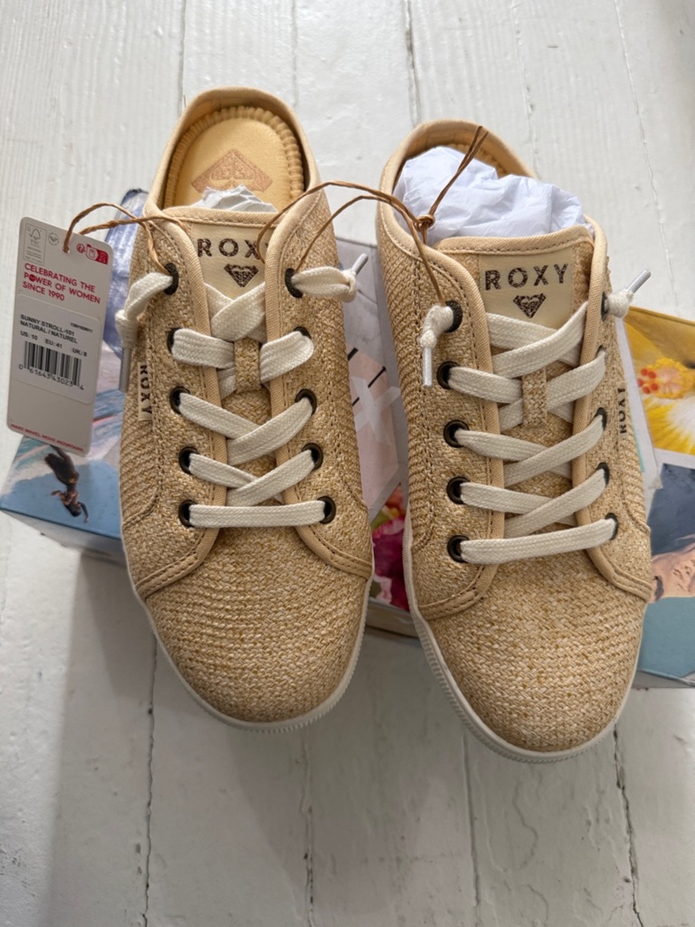 New Roxy Sunny Stroll Natural Tan Woven Lace-Up Slide Shoes, size 10